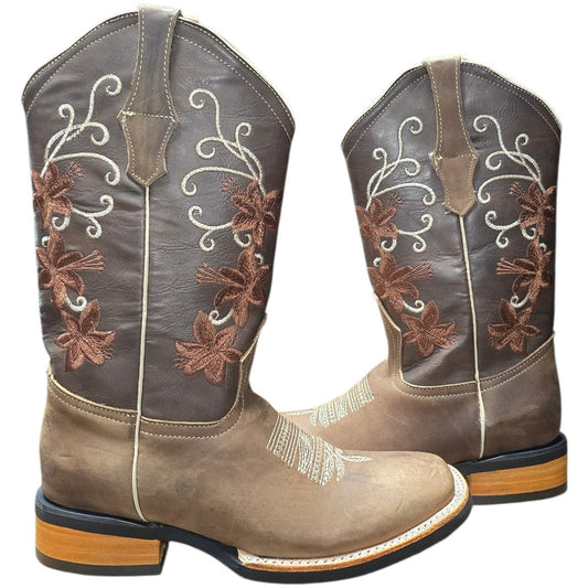 Cowboy Boots (0161) - 13" Brown Leather w/ Floral Stitching & Square Toe