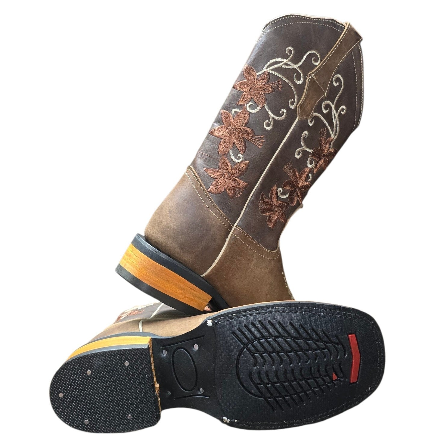 Cowboy Boots (0161) - 13" Brown Leather w/ Floral Stitching & Square Toe