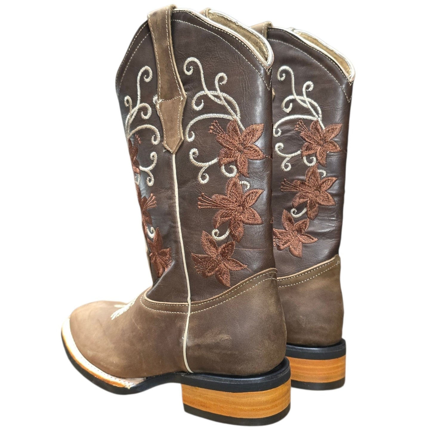 Cowboy Boots (0161) - 13" Brown Leather w/ Floral Stitching & Square Toe