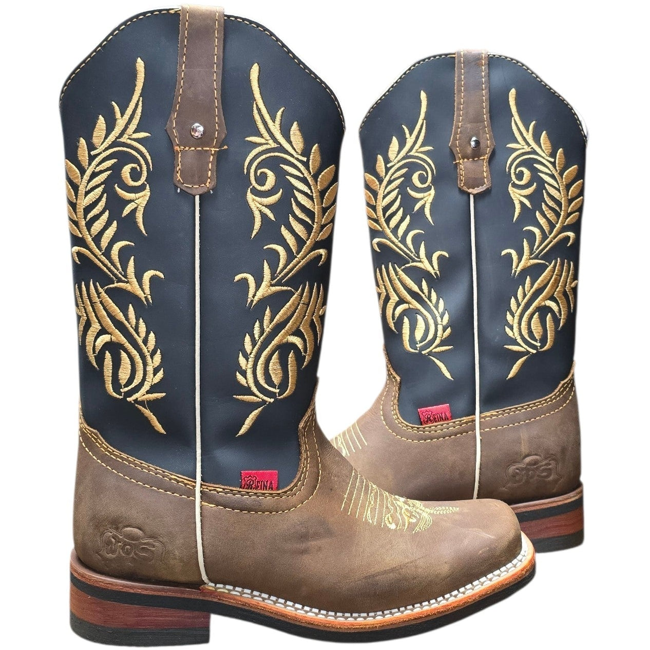 Cowboy Boots (0163) - 13" Brown & Black Leather w/ Western Stitching & Square Toe