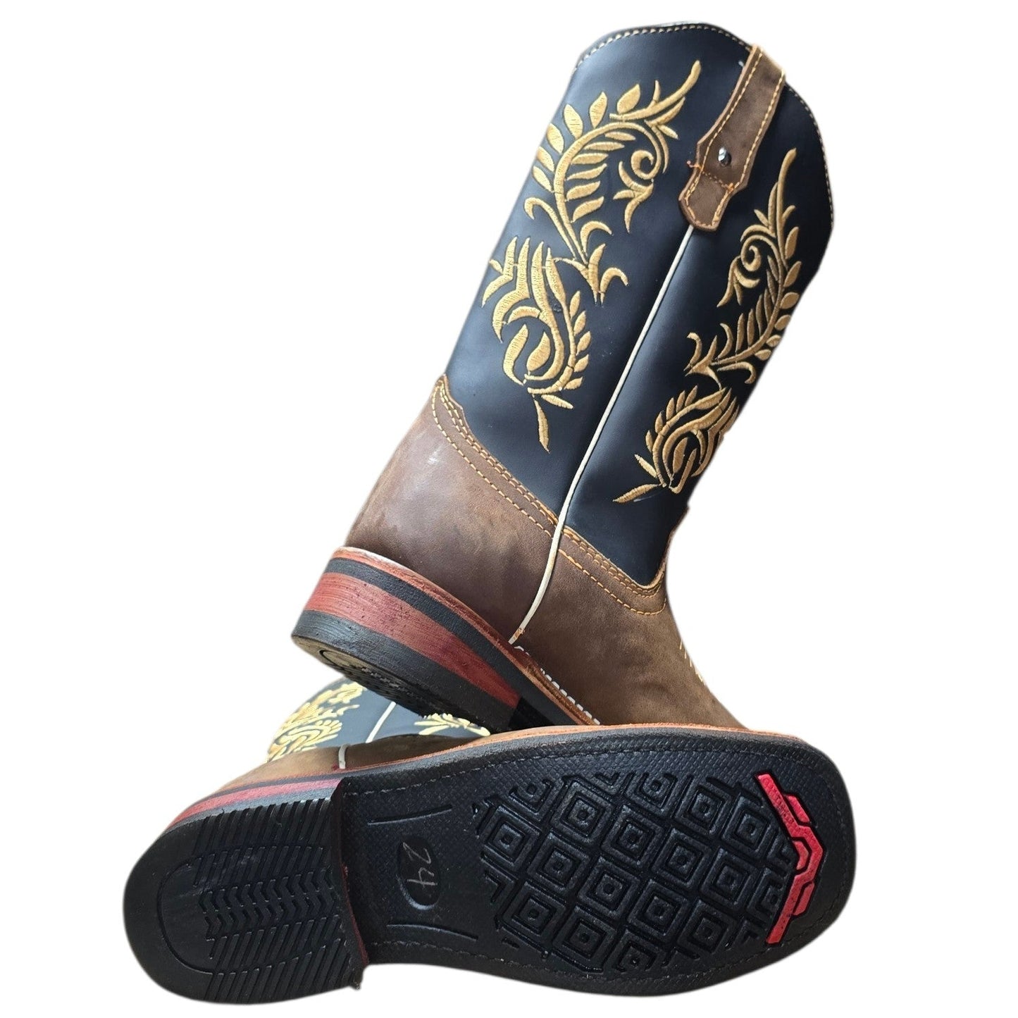 Cowboy Boots (0163) - 13" Brown & Black Leather w/ Western Stitching & Square Toe