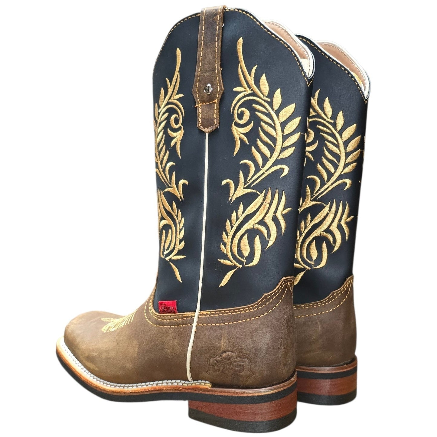 Cowboy Boots (0163) - 13" Brown & Black Leather w/ Western Stitching & Square Toe