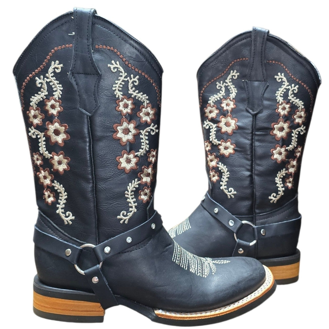 Cowboy Boots (0164) - 13" Black Leather w/ Floral Stitching & Square Toe
