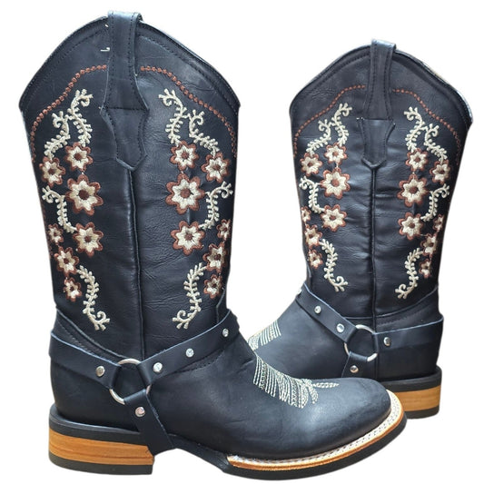 Cowboy Boots (0164) - 13" Black Leather w/ Floral Stitching & Square Toe