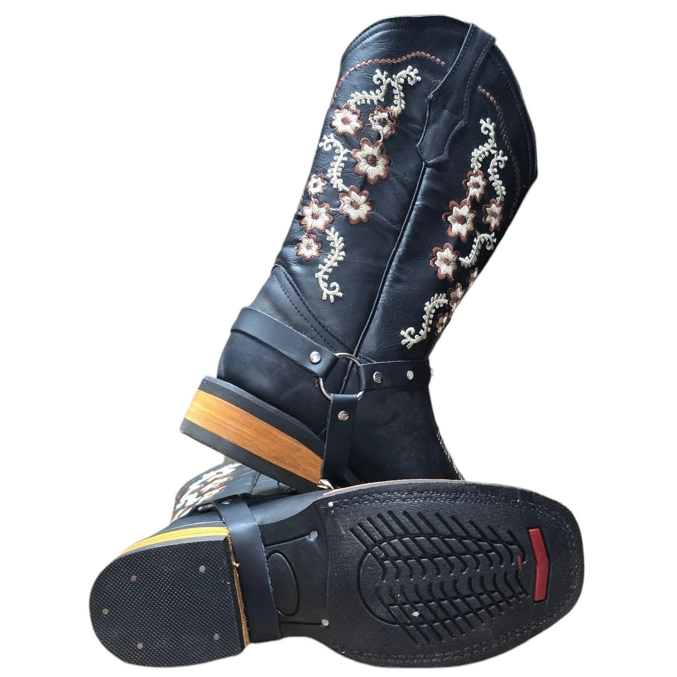 Cowboy Boots (0164) - 13" Black Leather w/ Floral Stitching & Square Toe