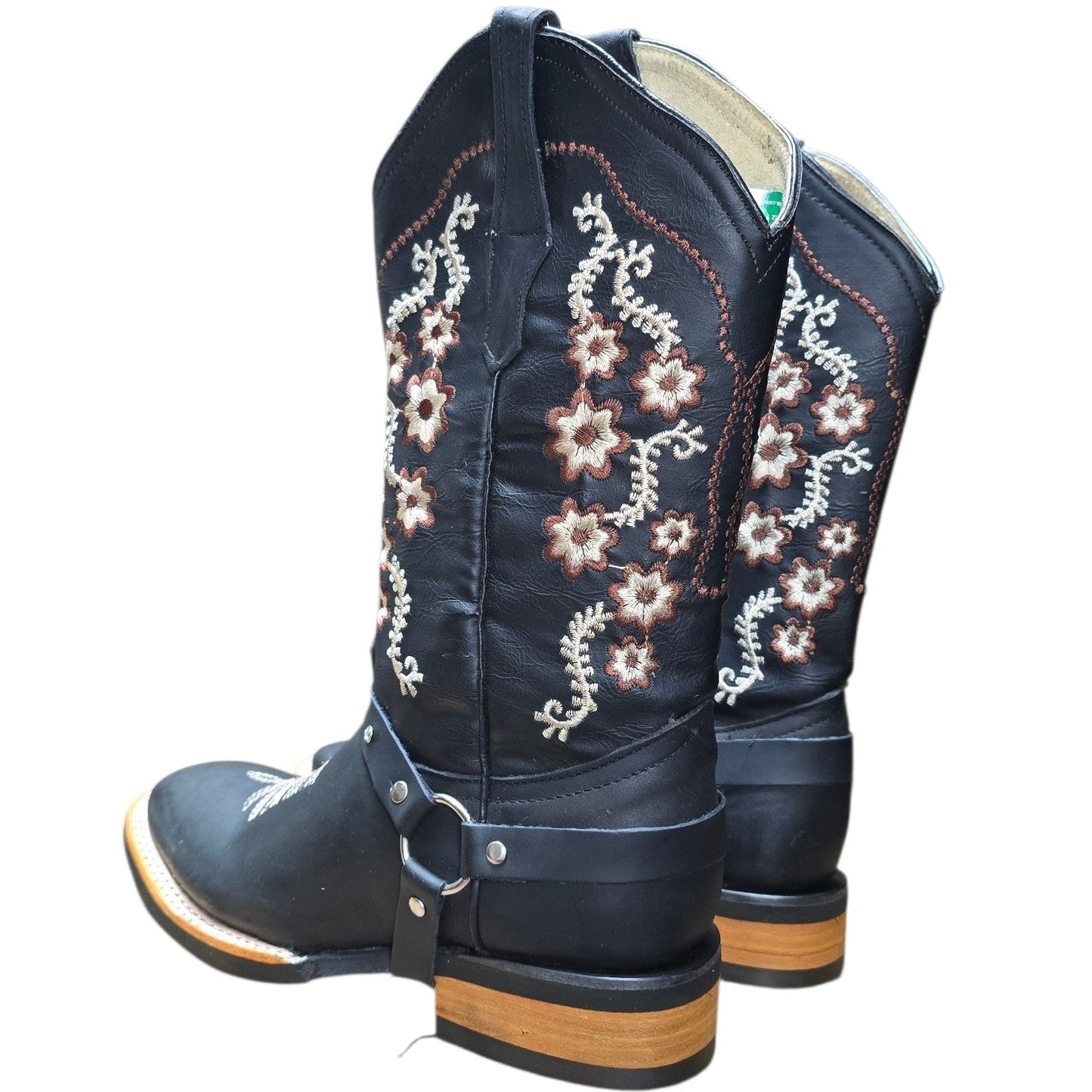 Cowboy Boots (0164) - 13" Black Leather w/ Floral Stitching & Square Toe
