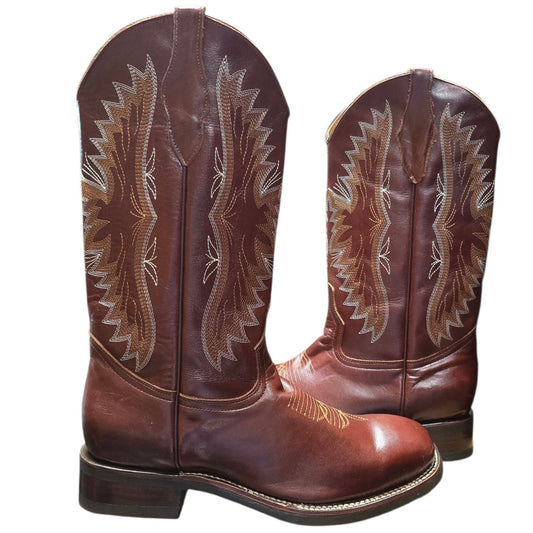 Cowboy Boots (0162) - 16" Mahogany Leather w/ Western Stitching & Square Toe