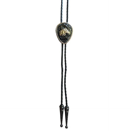 Western Bolo Tie (0076) - Black & Gold Horse Head