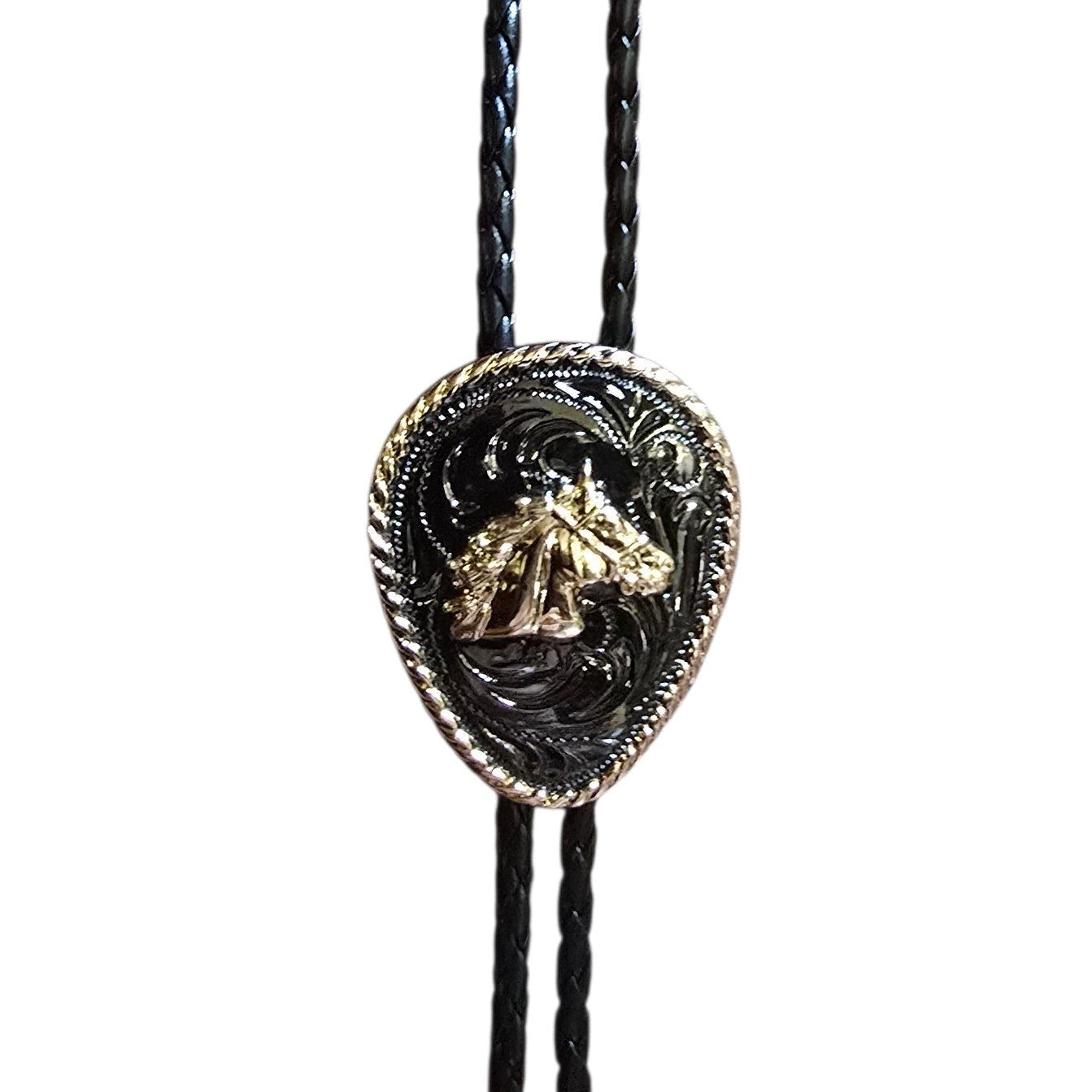 Western Bolo Tie (0076) - Black & Gold Horse Head