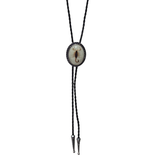 Western Bolo Tie (0078) - Silver & Black w/ Genuine Scorpion (B)
