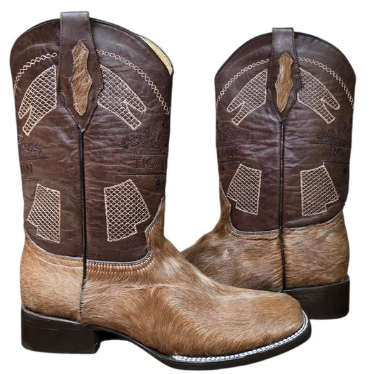 Cowboy Boots (0166) - 14" Genuine Cowhide & Brown Leather Boots w/ Mesh Stitching & Square Toe