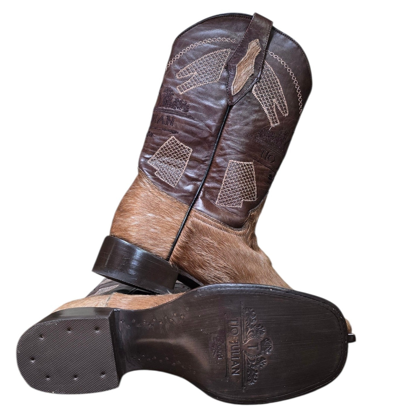 Cowboy Boots (0166) - 14" Genuine Cowhide & Brown Leather Boots w/ Mesh Stitching & Square Toe