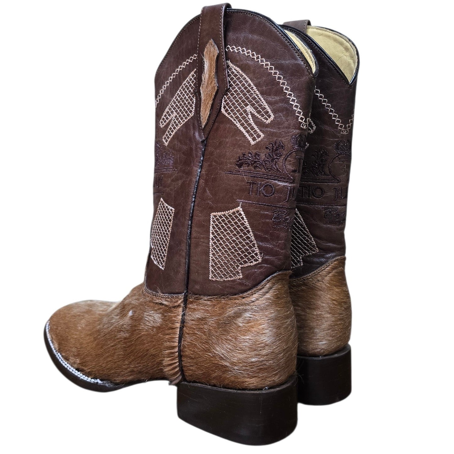 Cowboy Boots (0166) - 14" Genuine Cowhide & Brown Leather Boots w/ Mesh Stitching & Square Toe