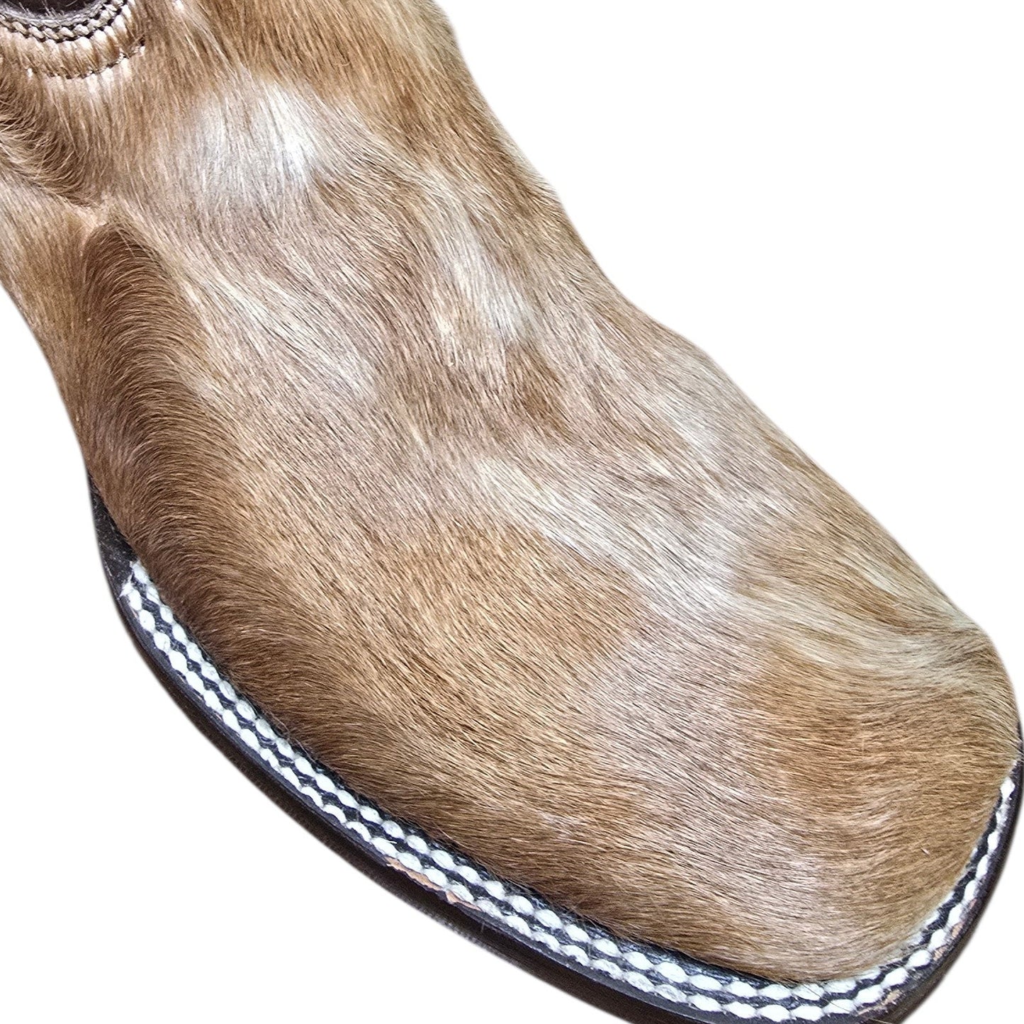 Cowboy Boots (0166) - 14" Genuine Cowhide & Brown Leather Boots w/ Mesh Stitching & Square Toe