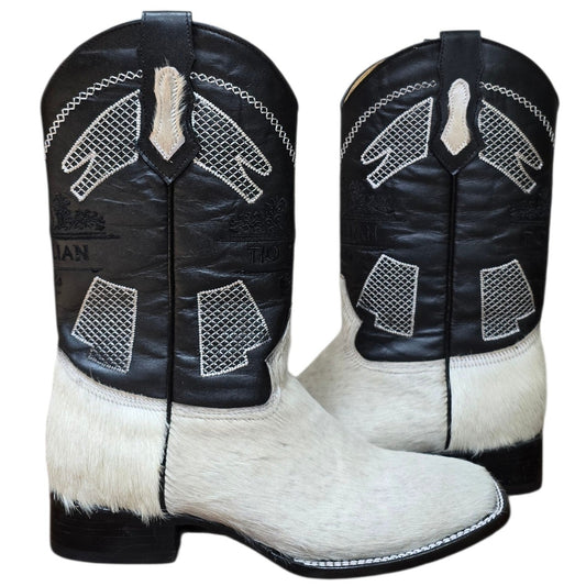 Cowboy Boots (0167) - 14" Genuine Cowhide & Black Leather Boots w/ Mesh Stitching & Square Toe