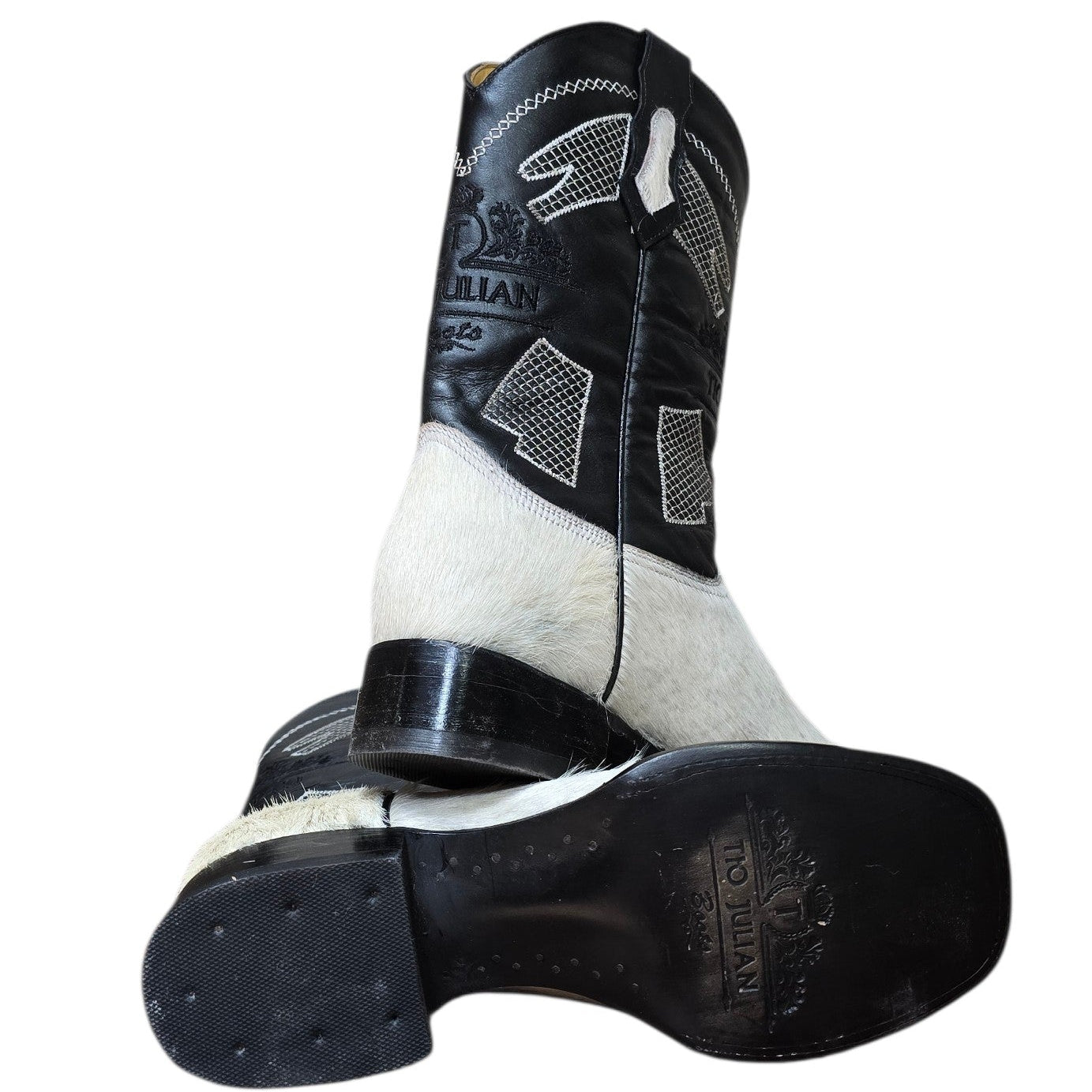 Cowboy Boots (0167) - 14" Genuine Cowhide & Black Leather Boots w/ Mesh Stitching & Square Toe