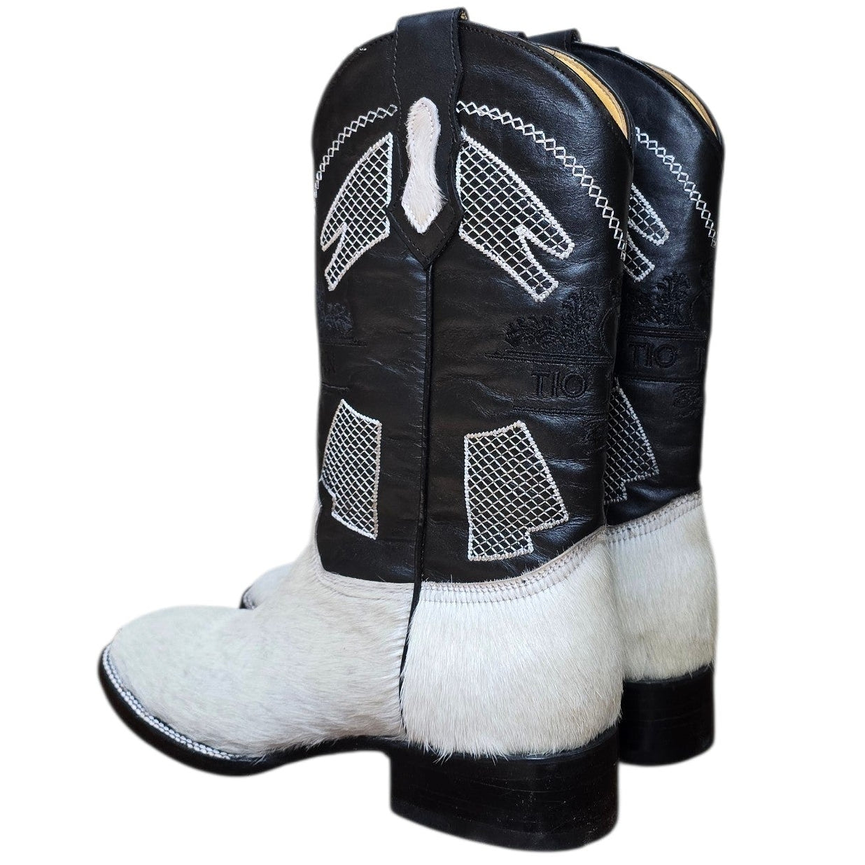 Cowboy Boots (0167) - 14" Genuine Cowhide & Black Leather Boots w/ Mesh Stitching & Square Toe