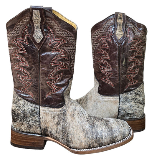 Cowboy Boots (0165) - 14" Genuine Cowhide & Brown Leather Boots w/ Western Stitching & Square Toe