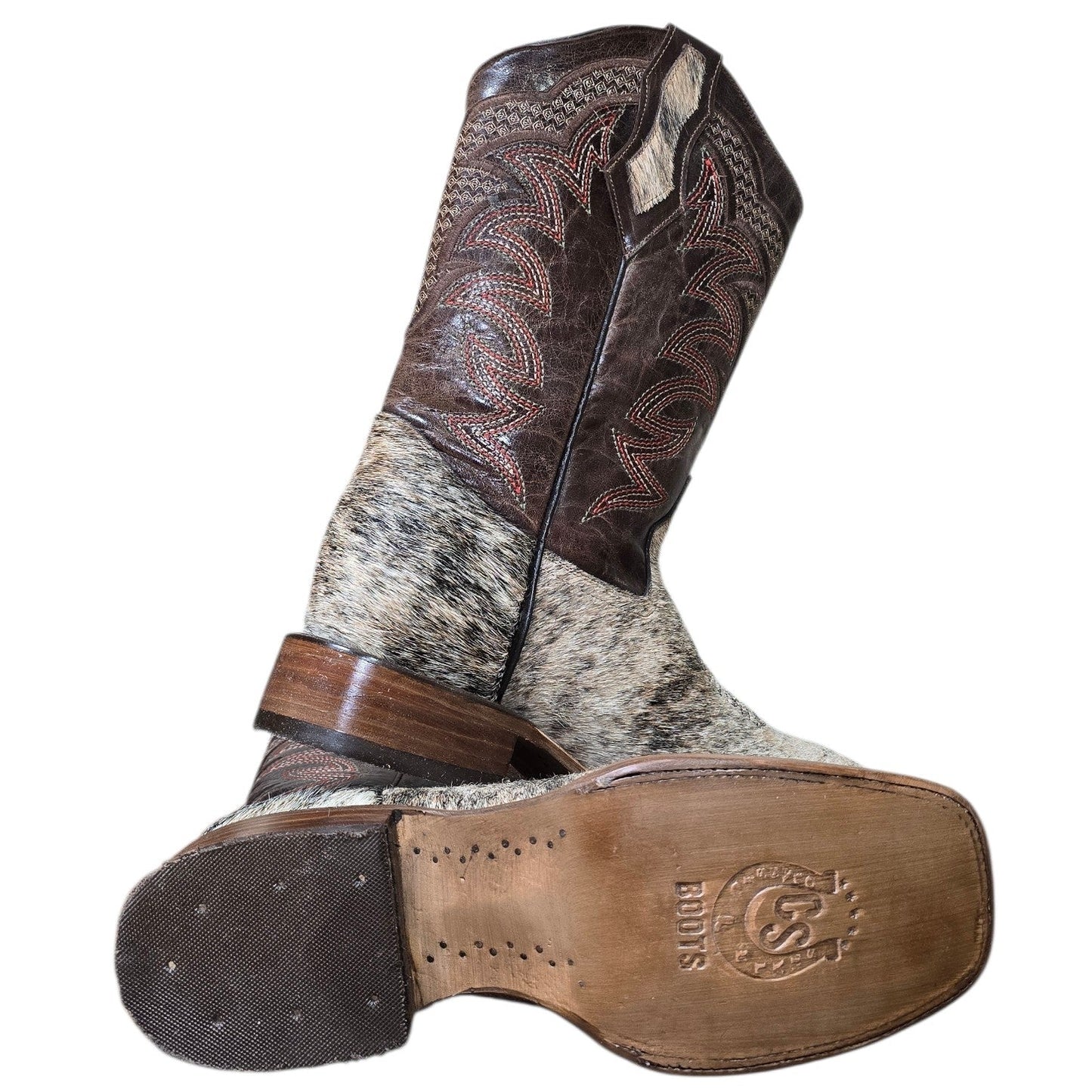 Cowboy Boots (0165) - 14" Genuine Cowhide & Brown Leather Boots w/ Western Stitching & Square Toe