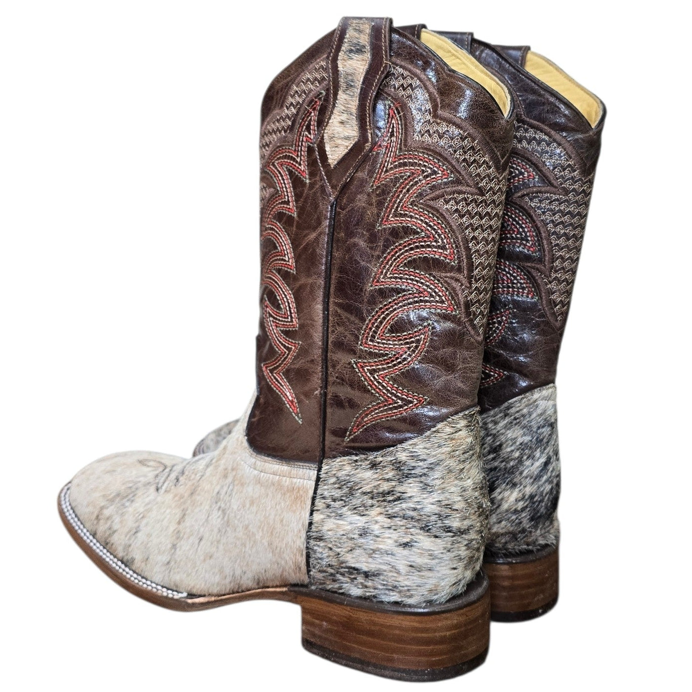 Cowboy Boots (0165) - 14" Genuine Cowhide & Brown Leather Boots w/ Western Stitching & Square Toe