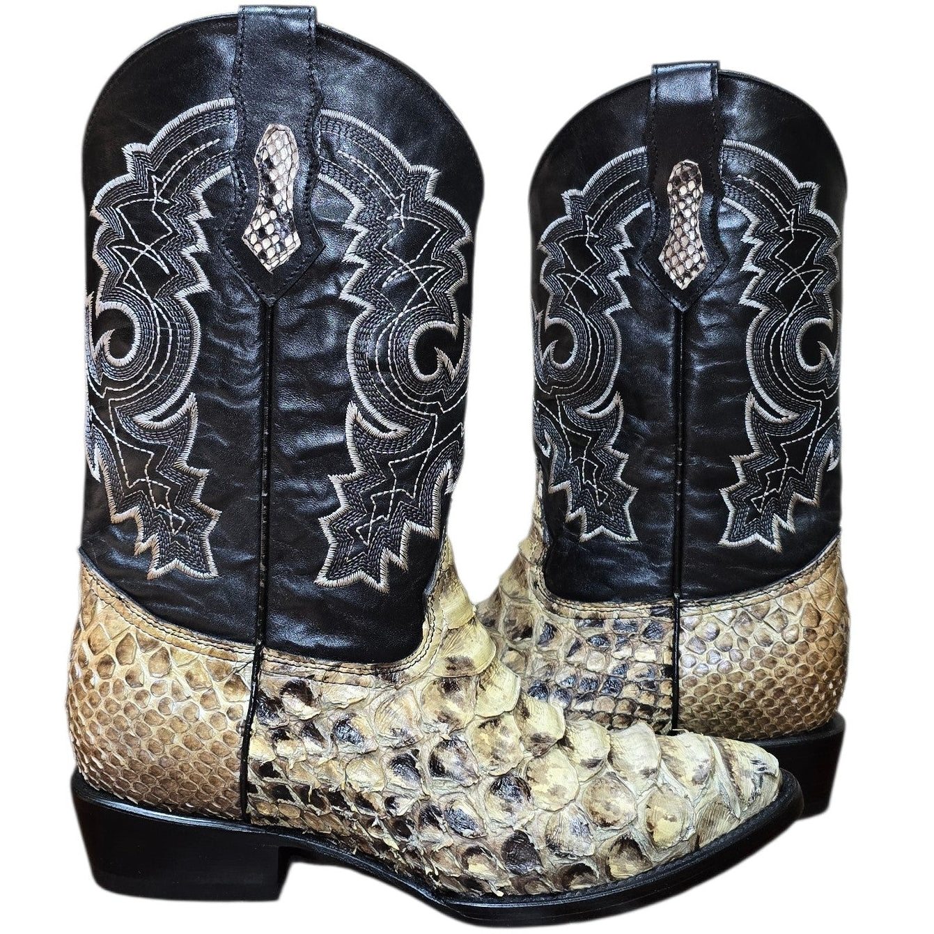 Exotic Leather Cowboy Boots (0175) - 14" Genuine Giant Python Snake Skin w/ Western Stitching & Round Toe
