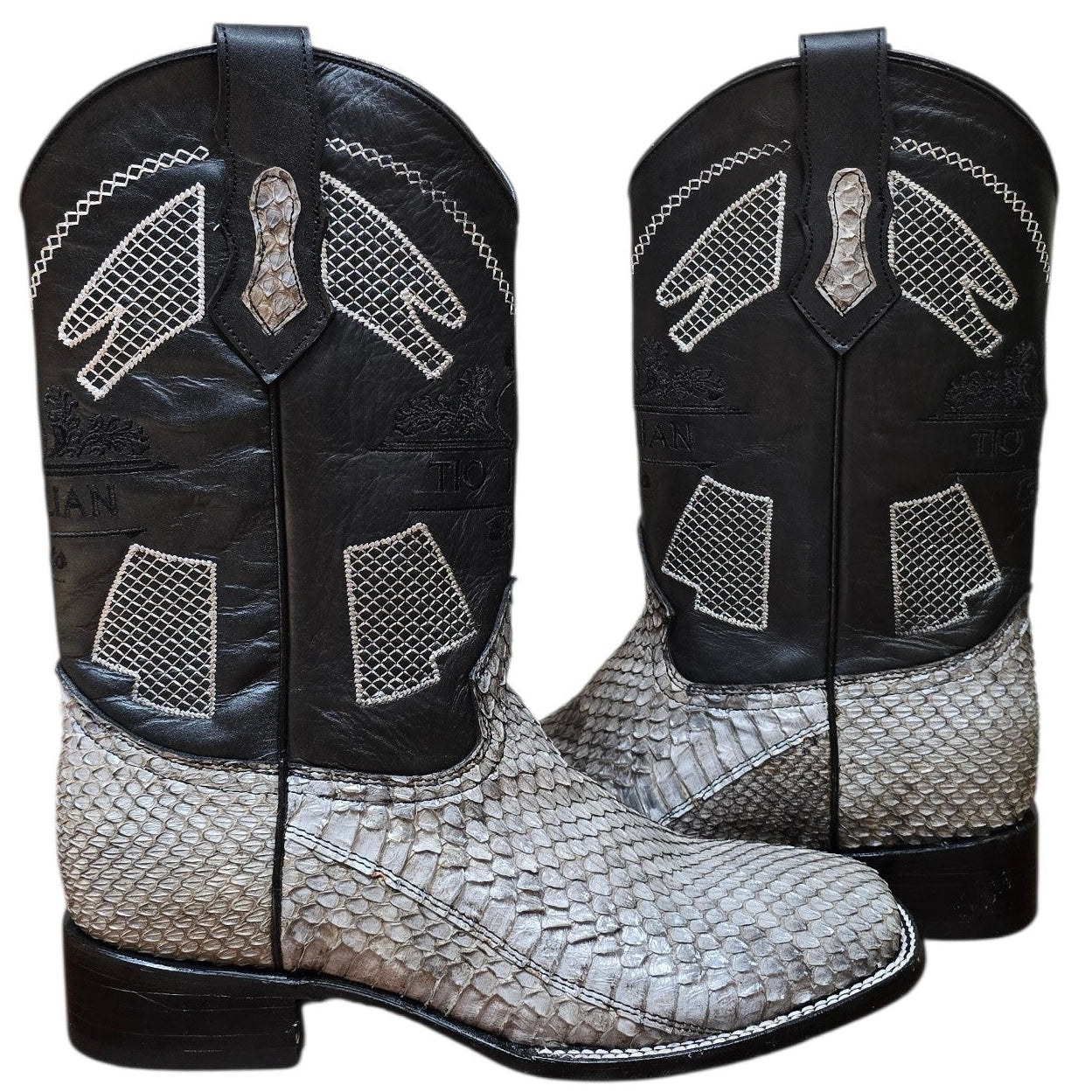 Exotic Leather Cowboy Boots (0174) - 14" Genuine Rattle Snake Skin w/ Mesh Stitching & Square Toe