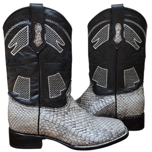 Exotic Leather Cowboy Boots (0174) - 14" Genuine Rattle Snake Skin w/ Mesh Stitching & Square Toe