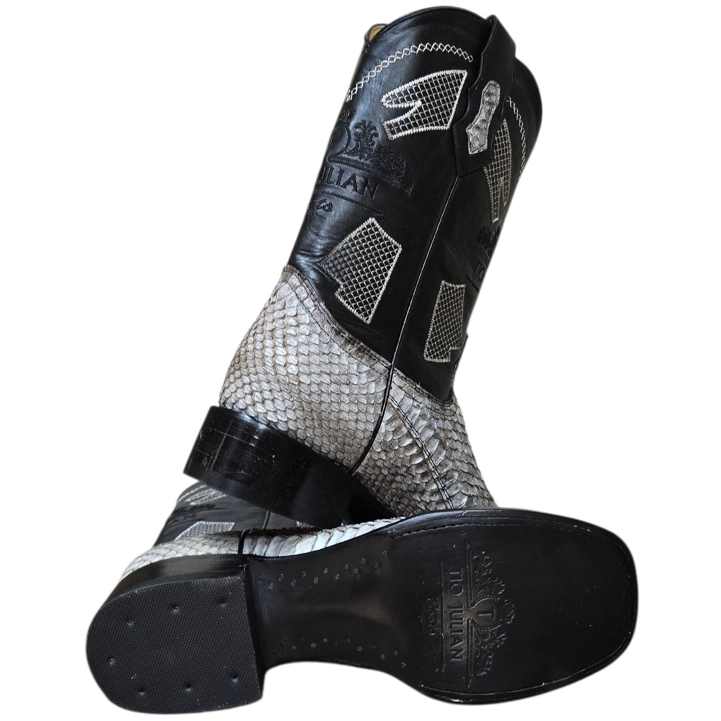 Exotic Leather Cowboy Boots (0174) - 14" Genuine Rattle Snake Skin w/ Mesh Stitching & Square Toe
