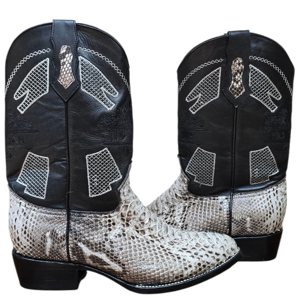 Exotic Leather Cowboy Boots (0176) - 14" Genuine Python Snake Skin w/ Mesh Stitching & Round Toe