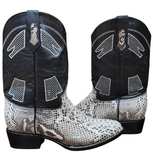 Exotic Leather Cowboy Boots (0176) - 14" Genuine Python Snake Skin w/ Mesh Stitching & Round Toe