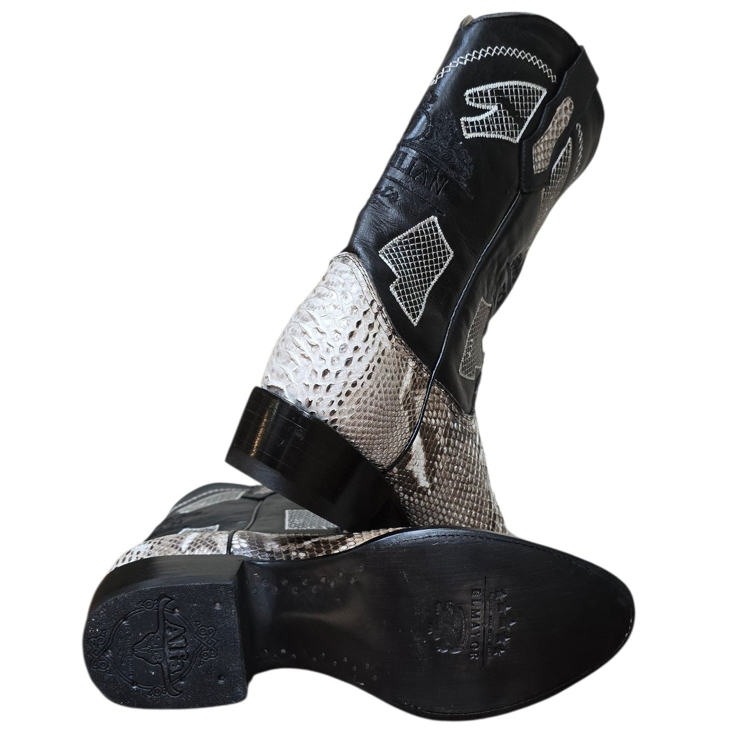 Exotic Leather Cowboy Boots (0176) - 14" Genuine Python Snake Skin w/ Mesh Stitching & Round Toe