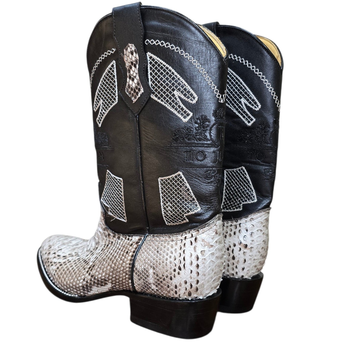 Exotic Leather Cowboy Boots (0176) - 14" Genuine Python Snake Skin w/ Mesh Stitching & Round Toe