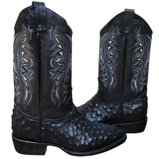 Cowboy Boots (0168) - 14" Black 'Ostrich' Print Leather w/ Western Stitching & Round Toe