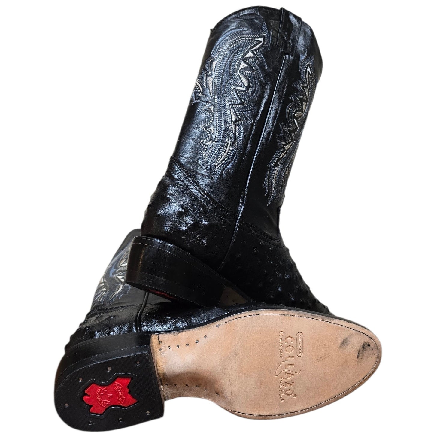 Cowboy Boots (0168) - 14" Black 'Ostrich' Print Leather w/ Western Stitching & Round Toe