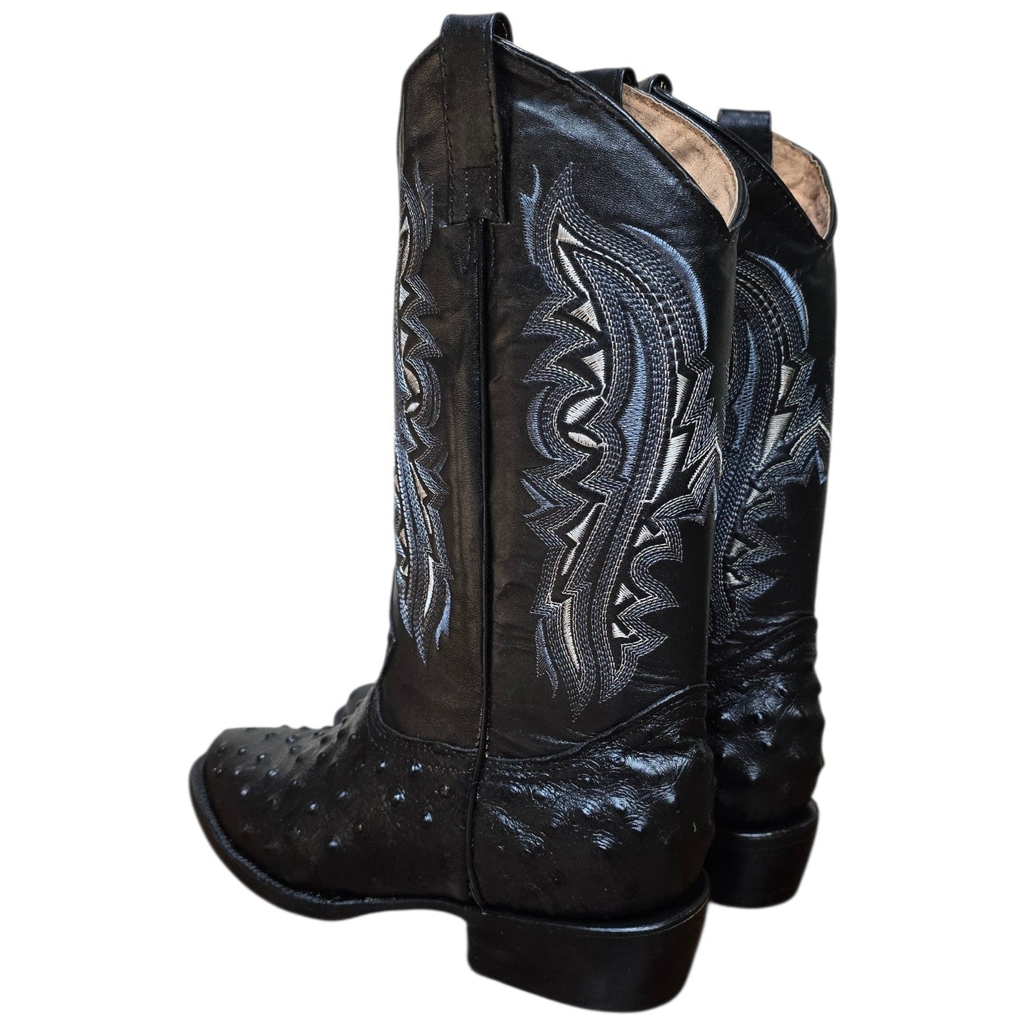 Cowboy Boots (0168) - 14" Black 'Ostrich' Print Leather w/ Western Stitching & Round Toe