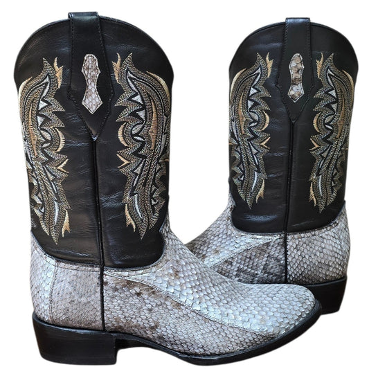 Exotic Leather Cowboy Boots (0172) - 14" Genuine Rattle Snake Skin w/ Western Stitching & Round Toe