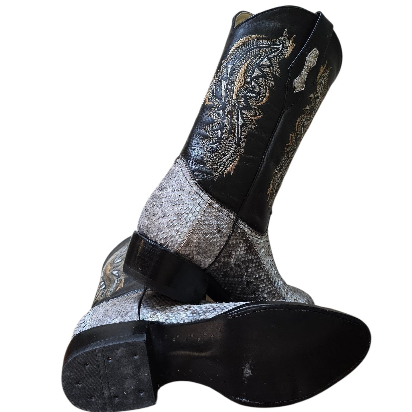 Exotic Leather Cowboy Boots (0172) - 14" Genuine Rattle Snake Skin w/ Western Stitching & Round Toe