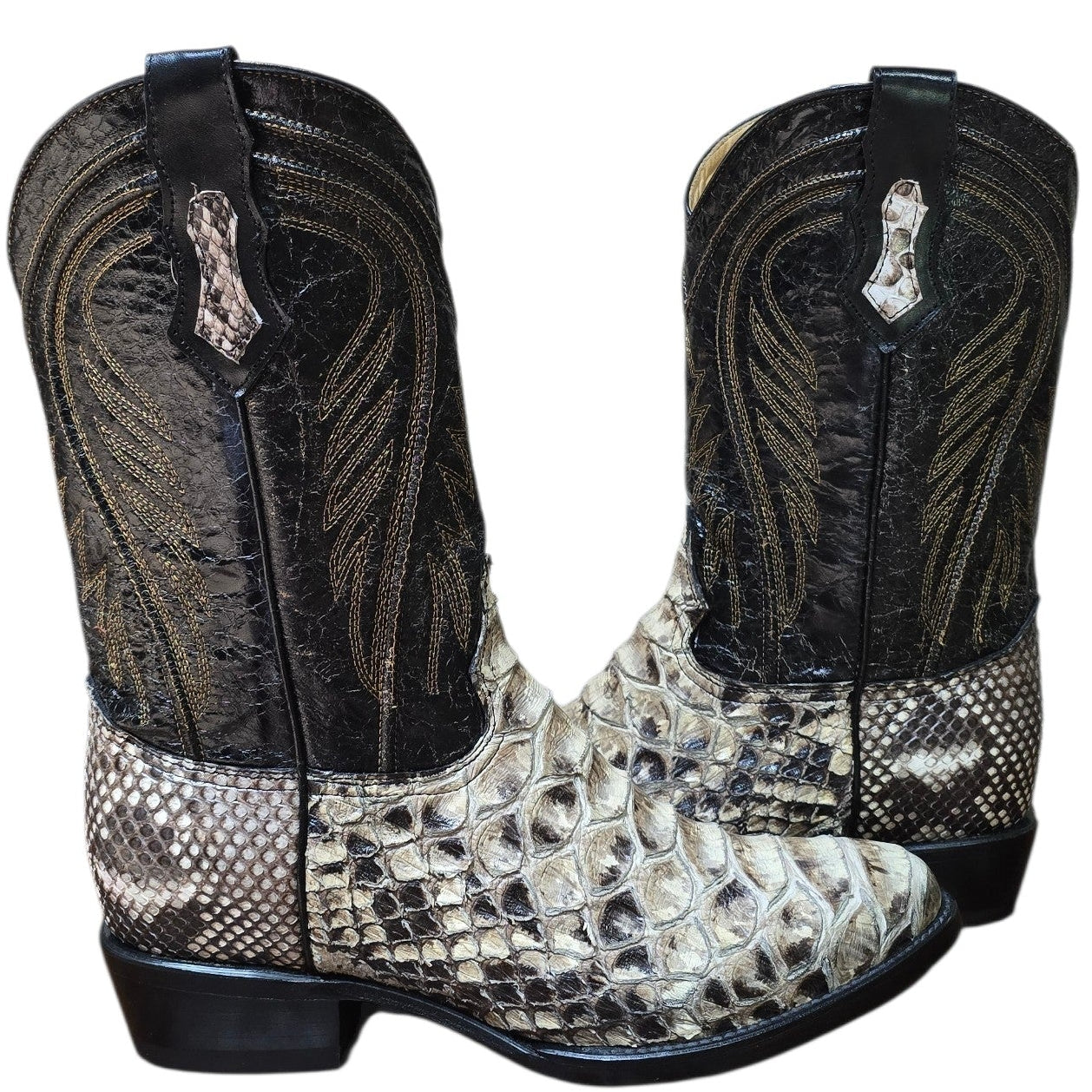 Exotic Leather Cowboy Boots (0173) - 14" Genuine Giant Python Snake Skin w/ Western Stitching & Round Toe