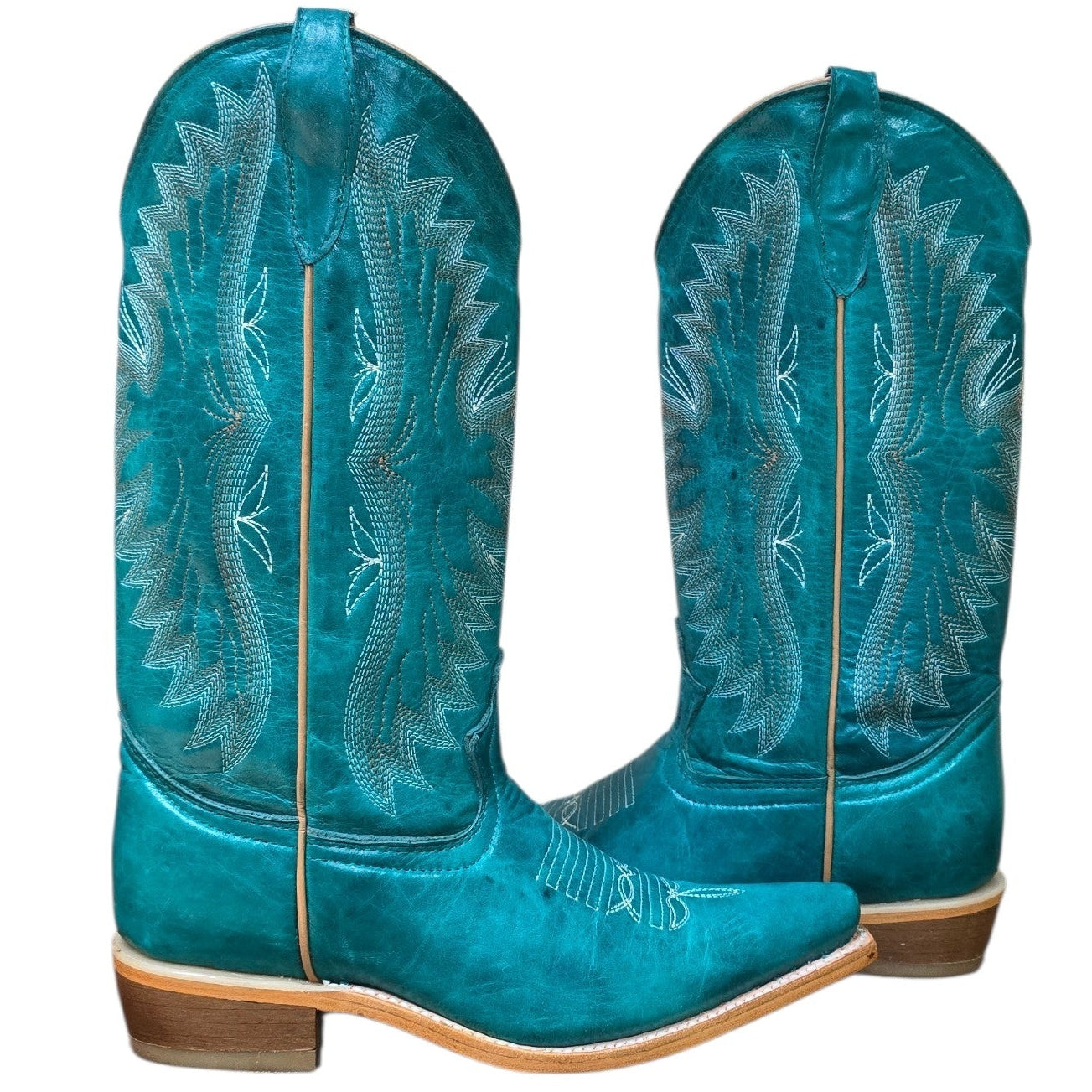 Cowboy Boots (0177) - 14" Teal Leather w/ Western Stitching & Pointed Toe