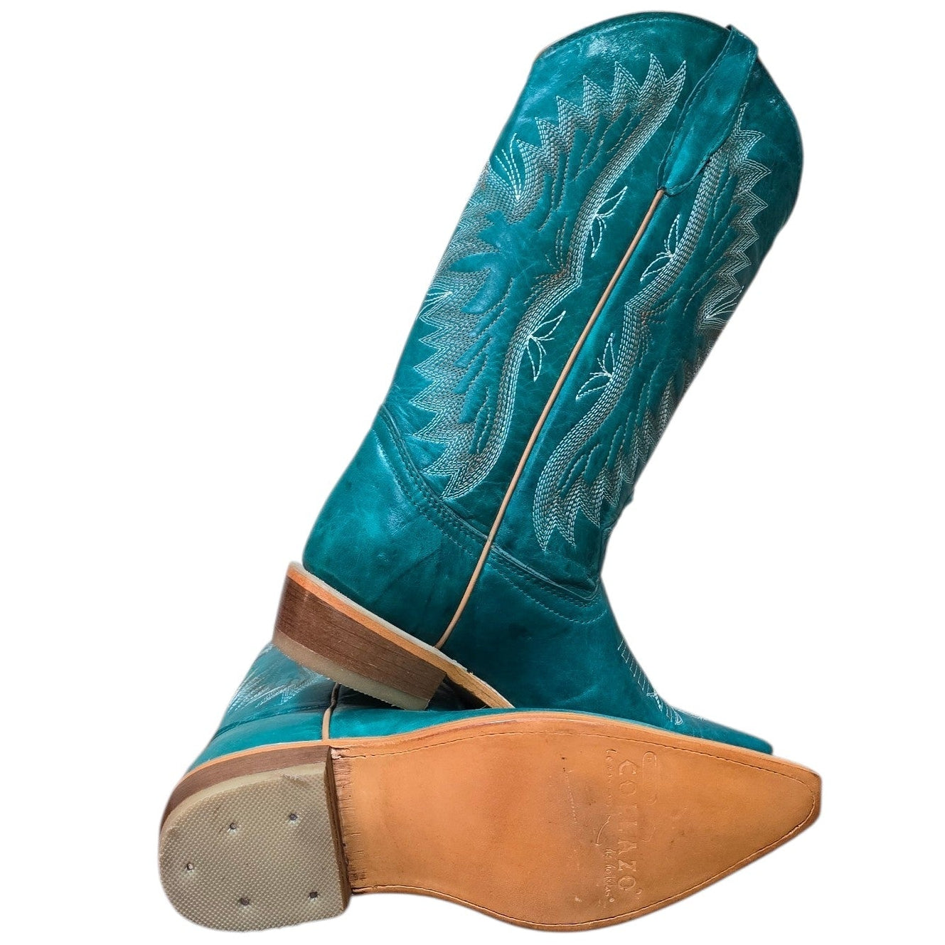 Cowboy Boots (0177) - 14" Teal Leather w/ Western Stitching & Pointed Toe