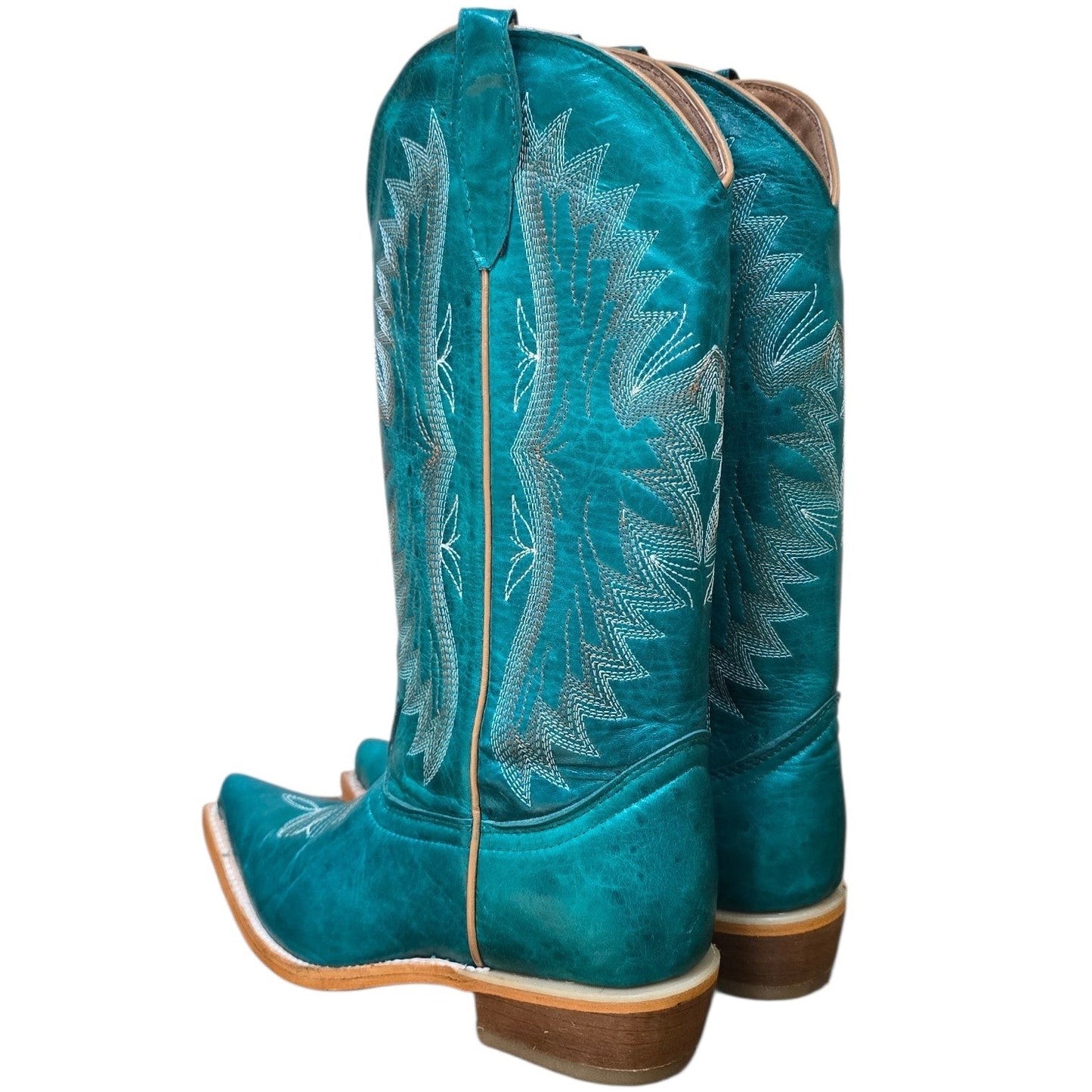 Cowboy Boots (0177) - 14" Teal Leather w/ Western Stitching & Pointed Toe
