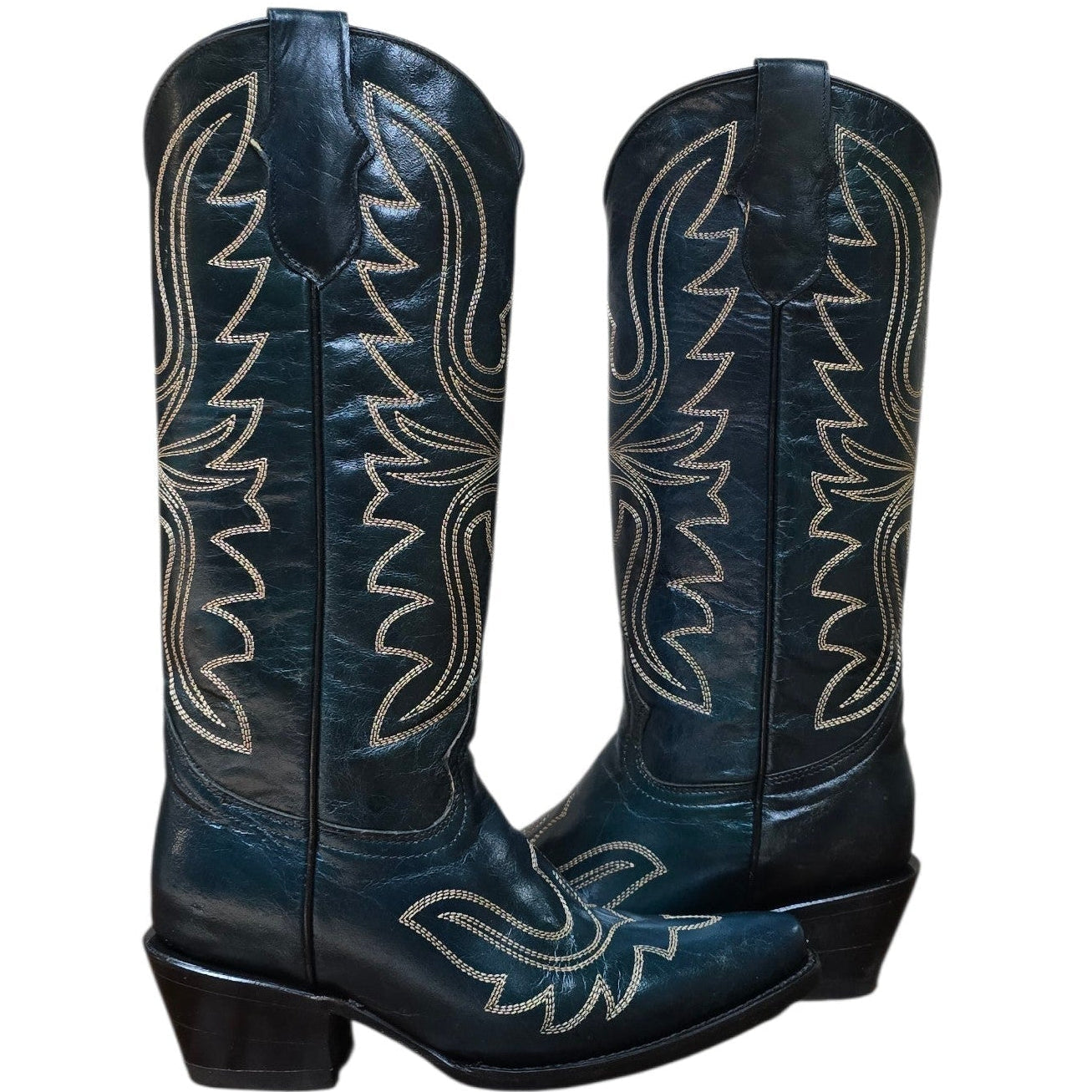 Cowboy Boots (0178) - 16" Dark Teal Green Leather w/ Western Stitching & Pointed Toe