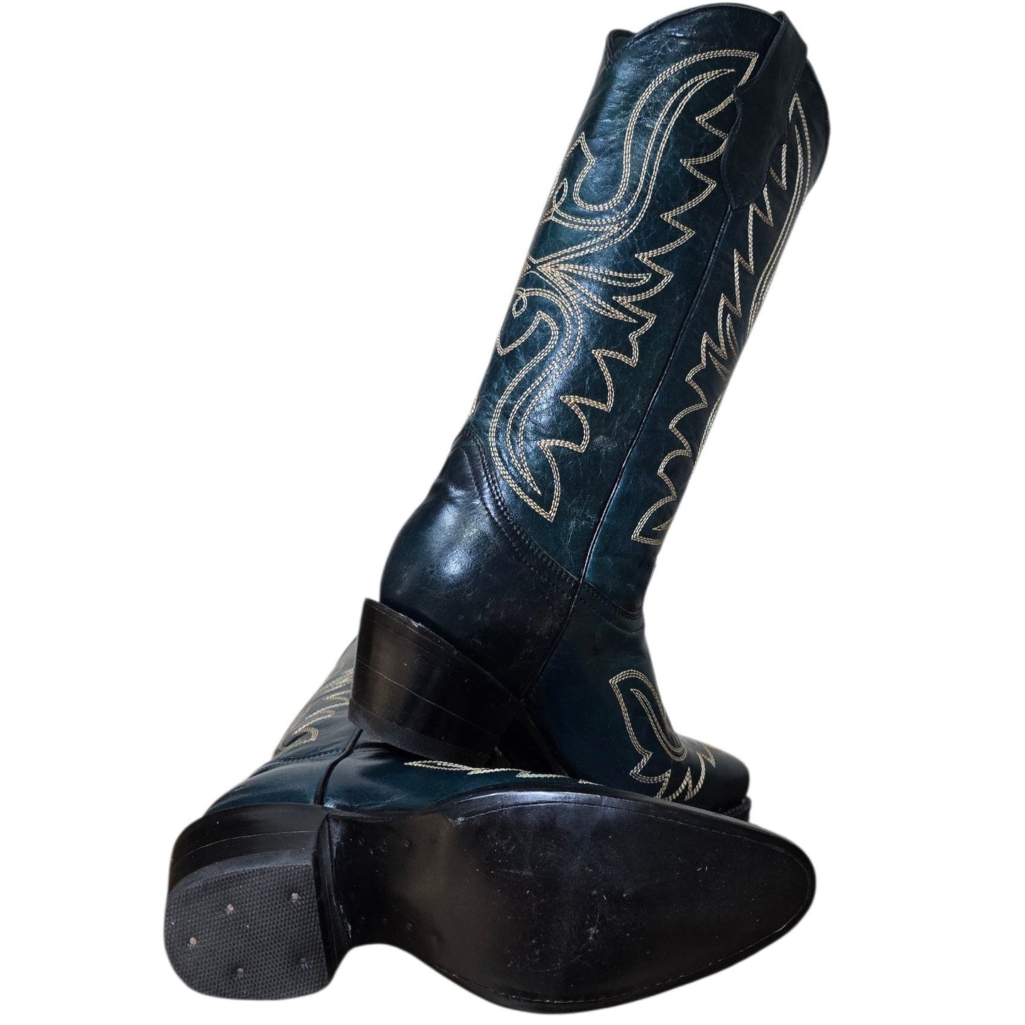 Cowboy Boots (0178) - 16" Dark Teal Green Leather w/ Western Stitching & Pointed Toe