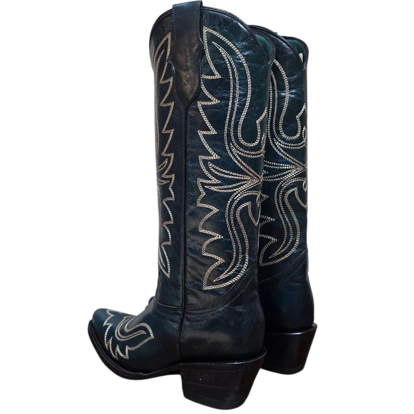 Cowboy Boots (0178) - 16" Dark Teal Green Leather w/ Western Stitching & Pointed Toe