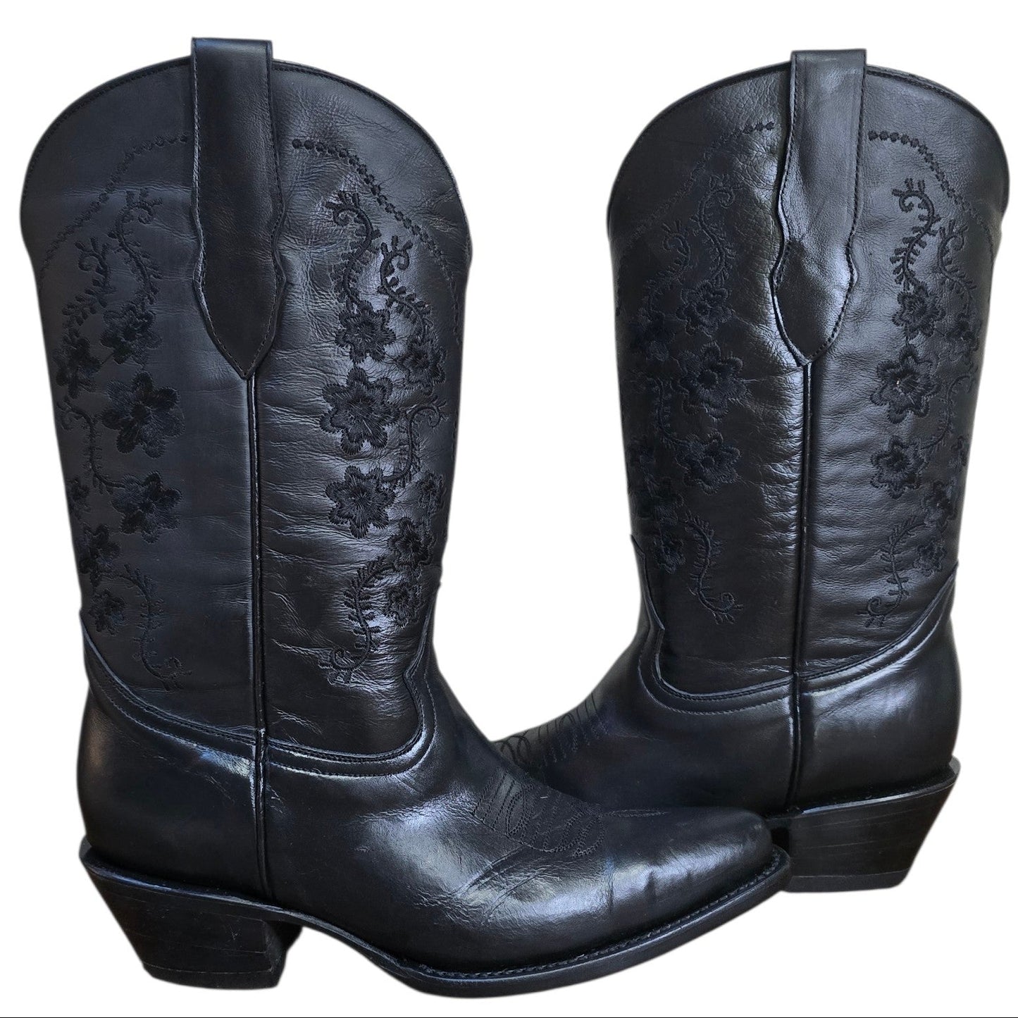 Cowboy Boots (0179) - 14" Black Leather w/ Floral Stitching & Round Toe (Style B)
