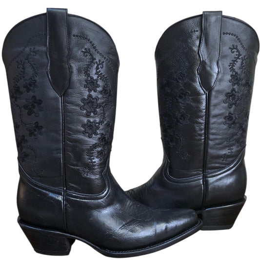 Cowboy Boots (0179) - 14" Black Leather w/ Floral Stitching & Round Toe (Style B)