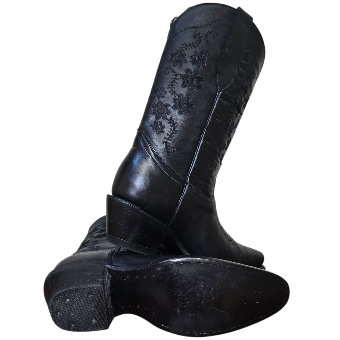 Cowboy Boots (0179) - 14" Black Leather w/ Floral Stitching & Round Toe (Style B)