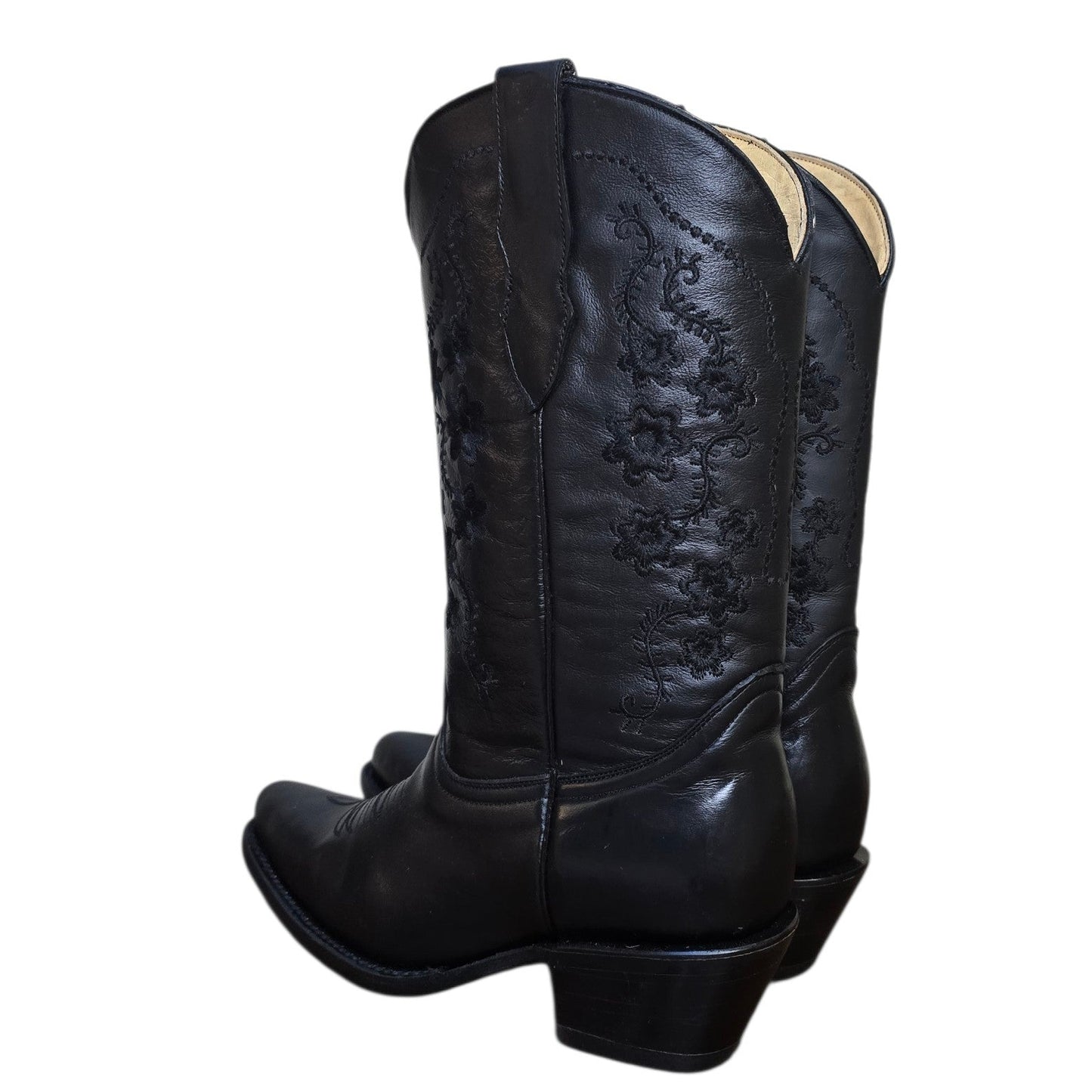 Cowboy Boots (0179) - 14" Black Leather w/ Floral Stitching & Round Toe (Style B)