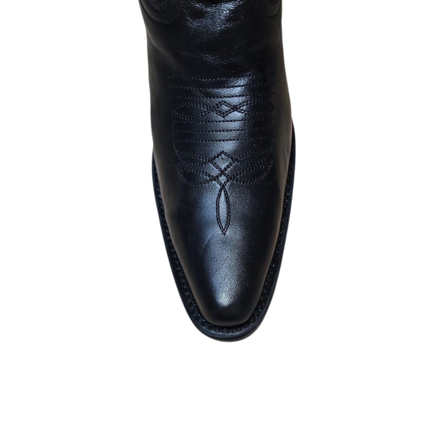 Cowboy Boots (0179) - 14" Black Leather w/ Floral Stitching & Round Toe (Style B)