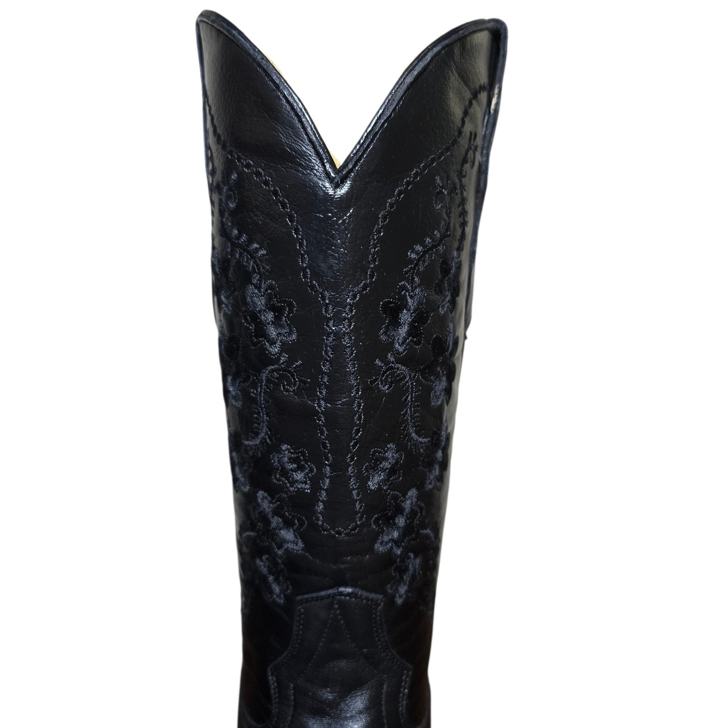 Cowboy Boots (0179) - 14" Black Leather w/ Floral Stitching & Round Toe (Style B)